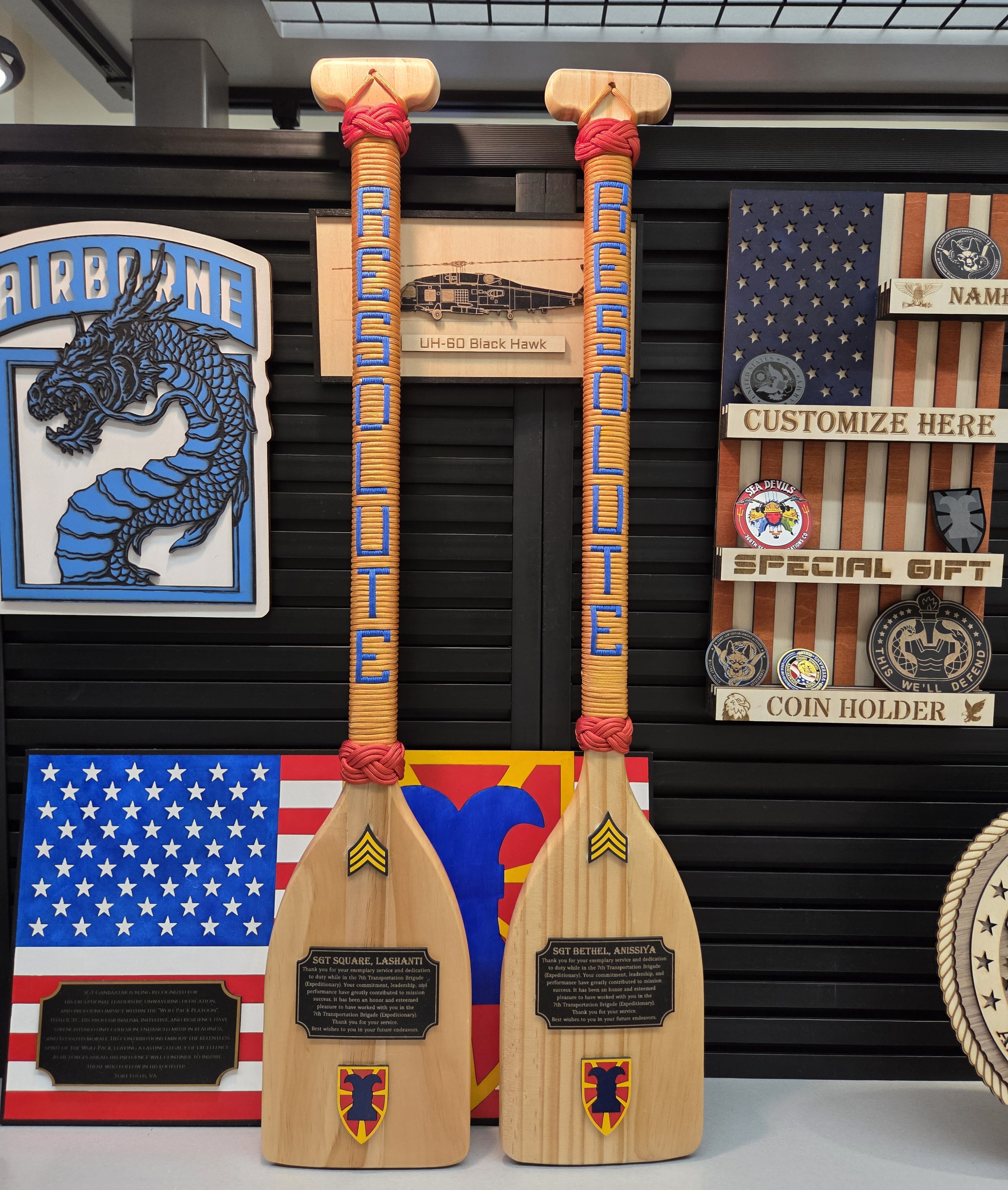 Pair of personalized military paddle awards