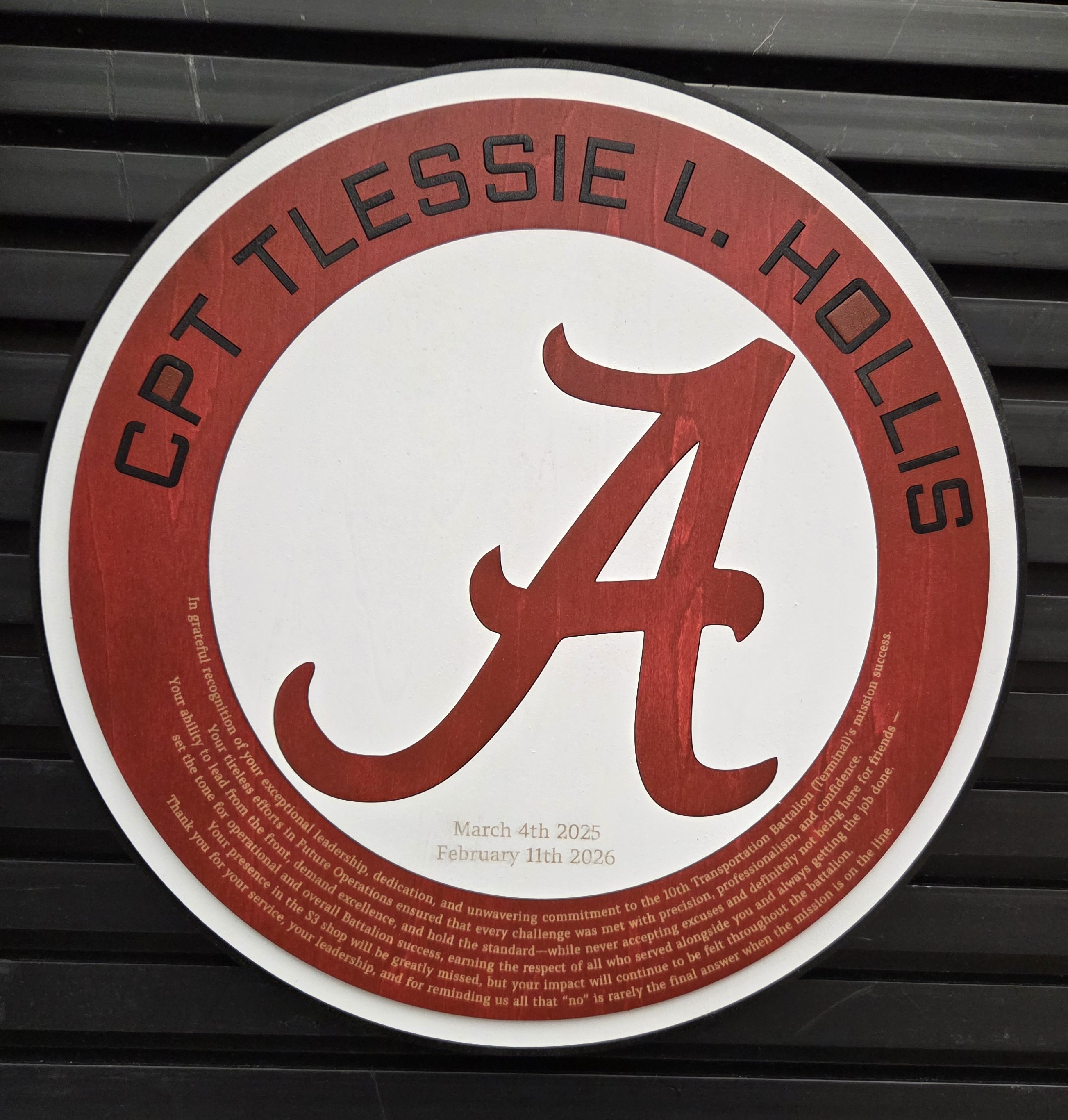 Crimson and white personalized recognition plaque