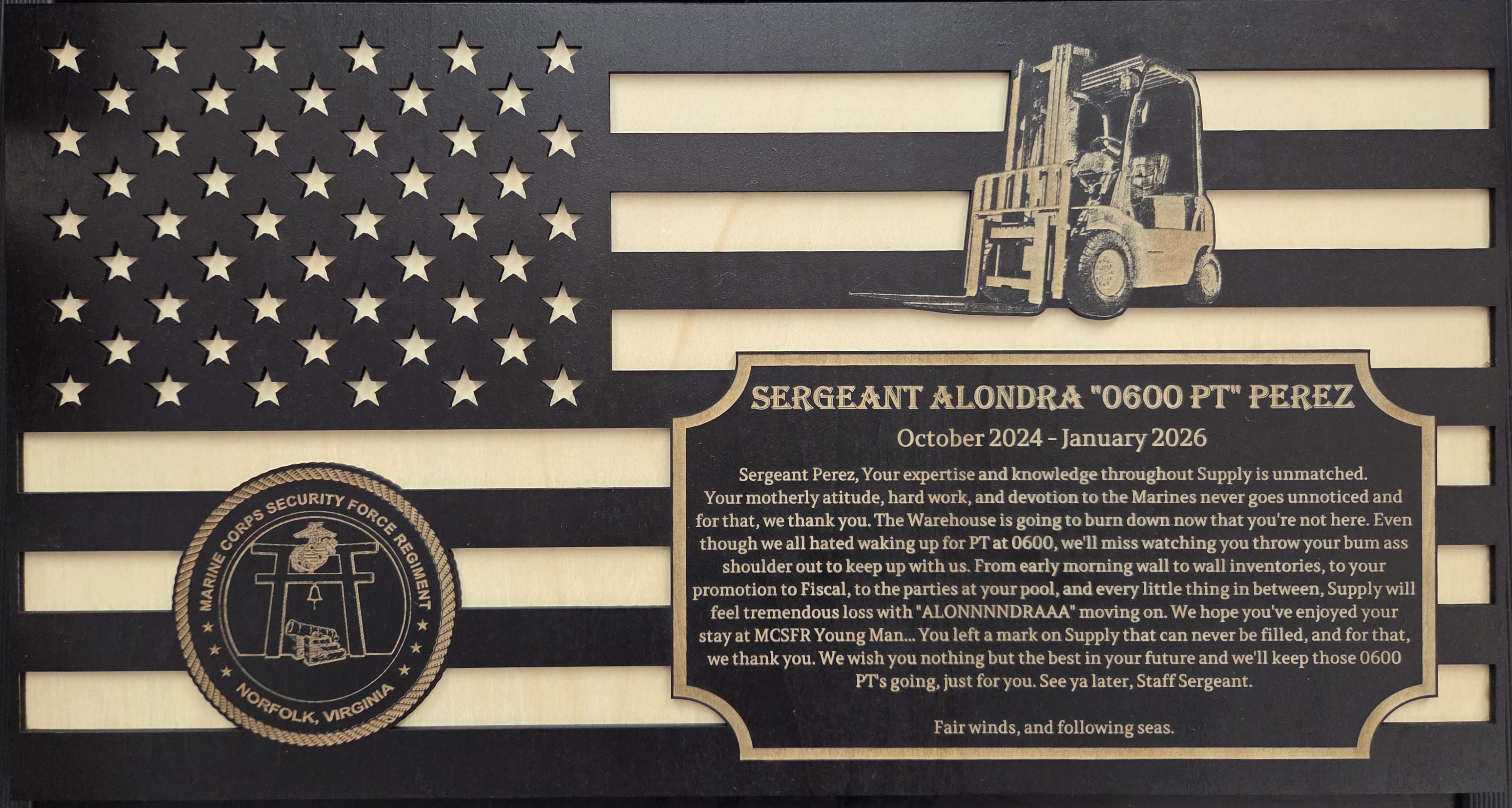 Marine Corps supply recognition flag plaque