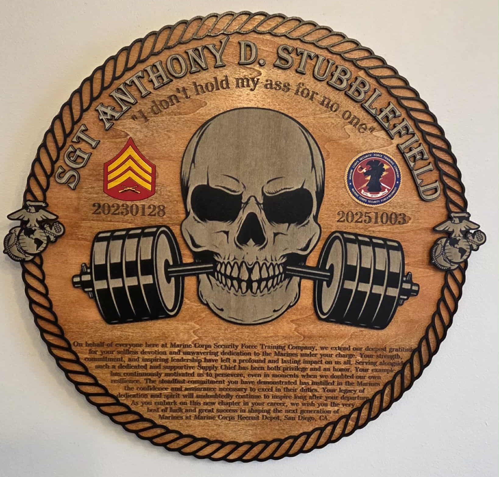 Marine Corps strength and service recognition plaque